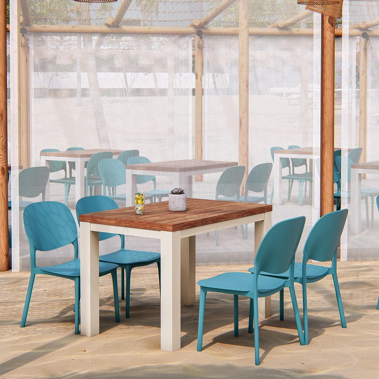 Set pranzo tavolo con piano in legno di acacia 115x70 cm e 4 sedie impilabili blu maldive - Paint