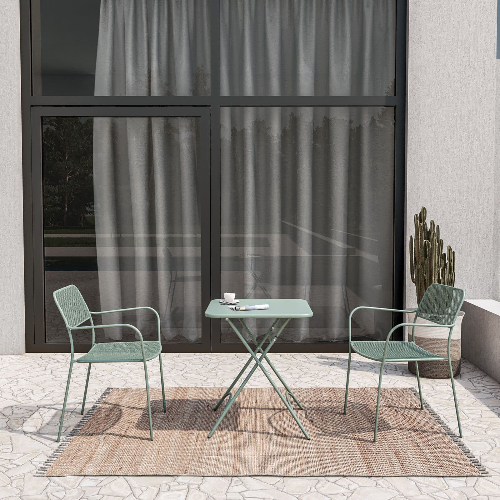 Set bistrot tavolo pieghevole 60x60 cm e 2 sedie con braccioli in acciaio verde marino - Faber