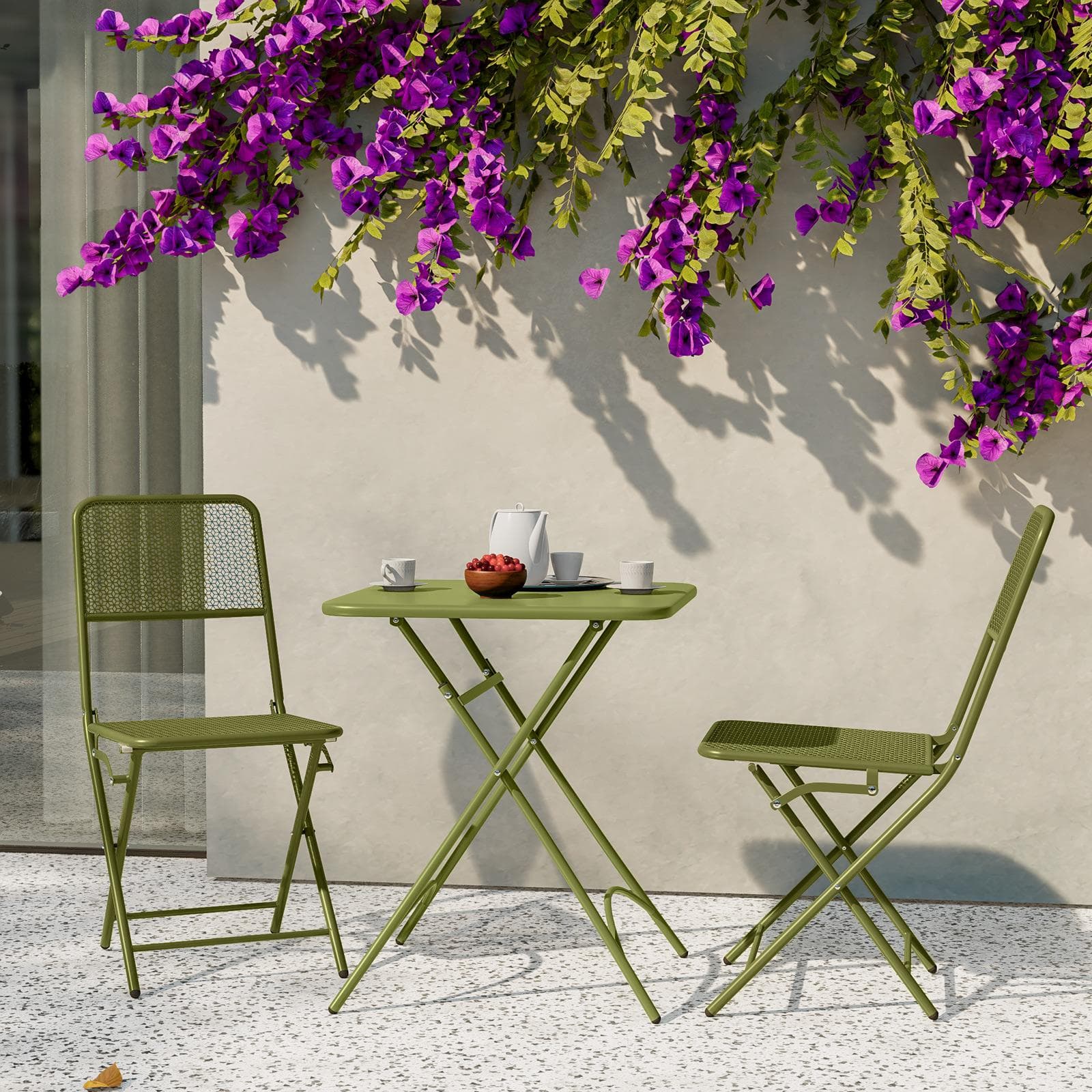Set bistrot tavolo pieghevole 60x60 cm e 2 sedie pieghevoli in acciaio verde oliva - Faber