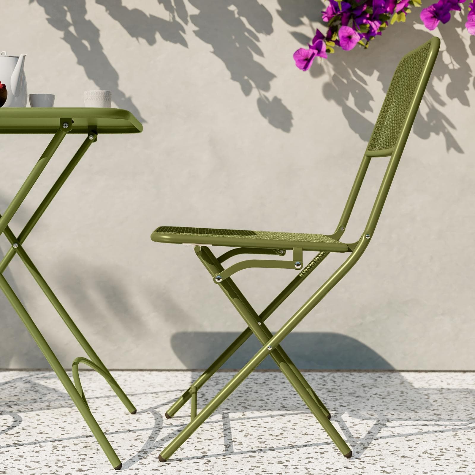 Set bistrot tavolo pieghevole 60x60 cm e 2 sedie pieghevoli in acciaio verde oliva - Faber