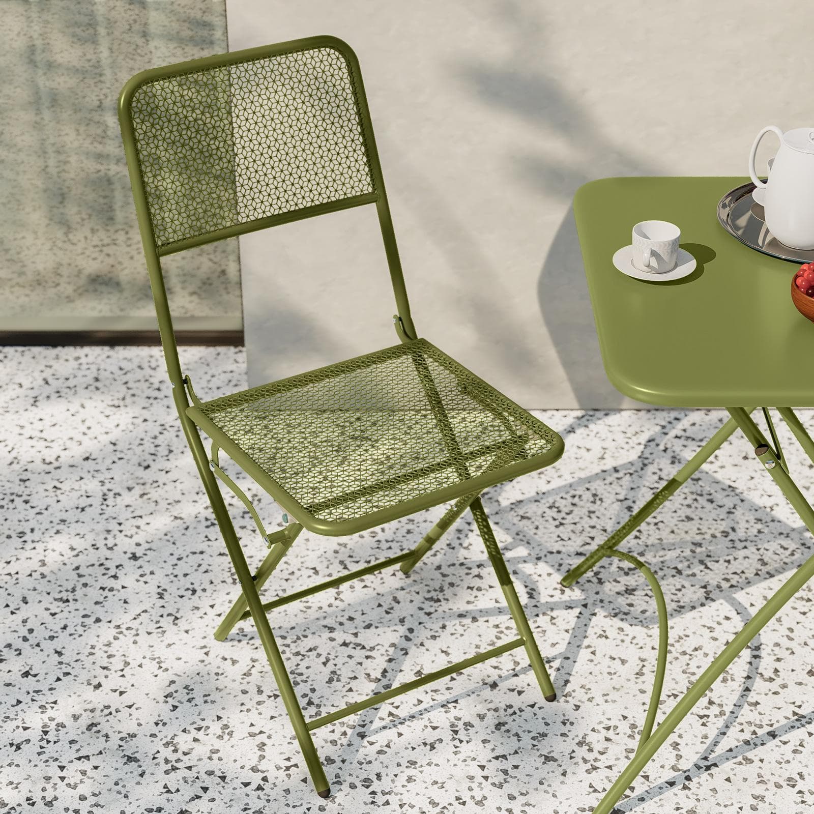 Set bistrot tavolo pieghevole 60x60 cm e 2 sedie pieghevoli in acciaio verde oliva - Faber