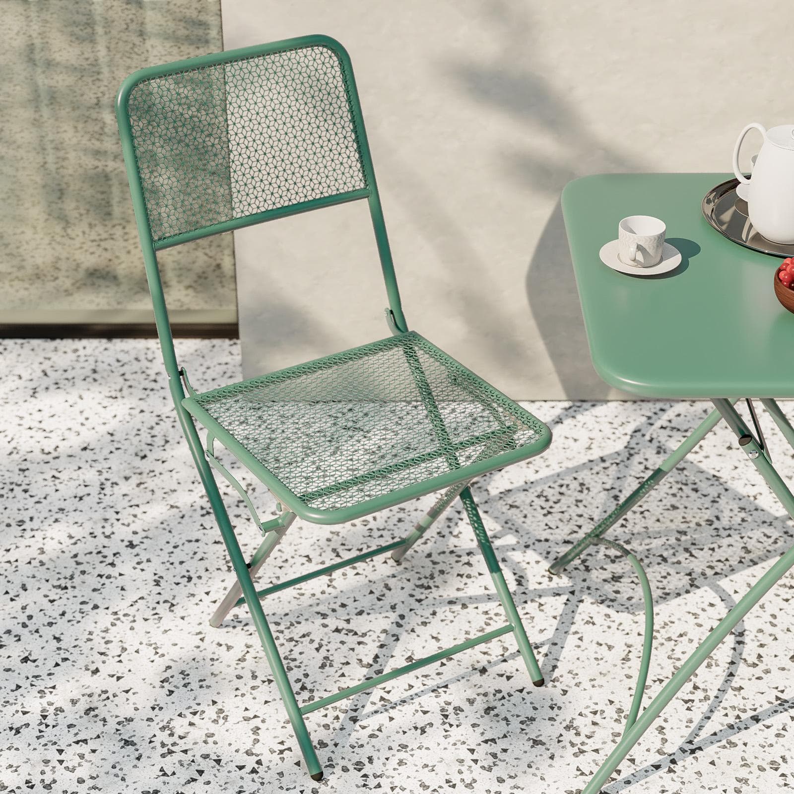 Set bistrot tavolo pieghevole 60x60 cm e 2 sedie pieghevoli in acciaio verde marino - Faber