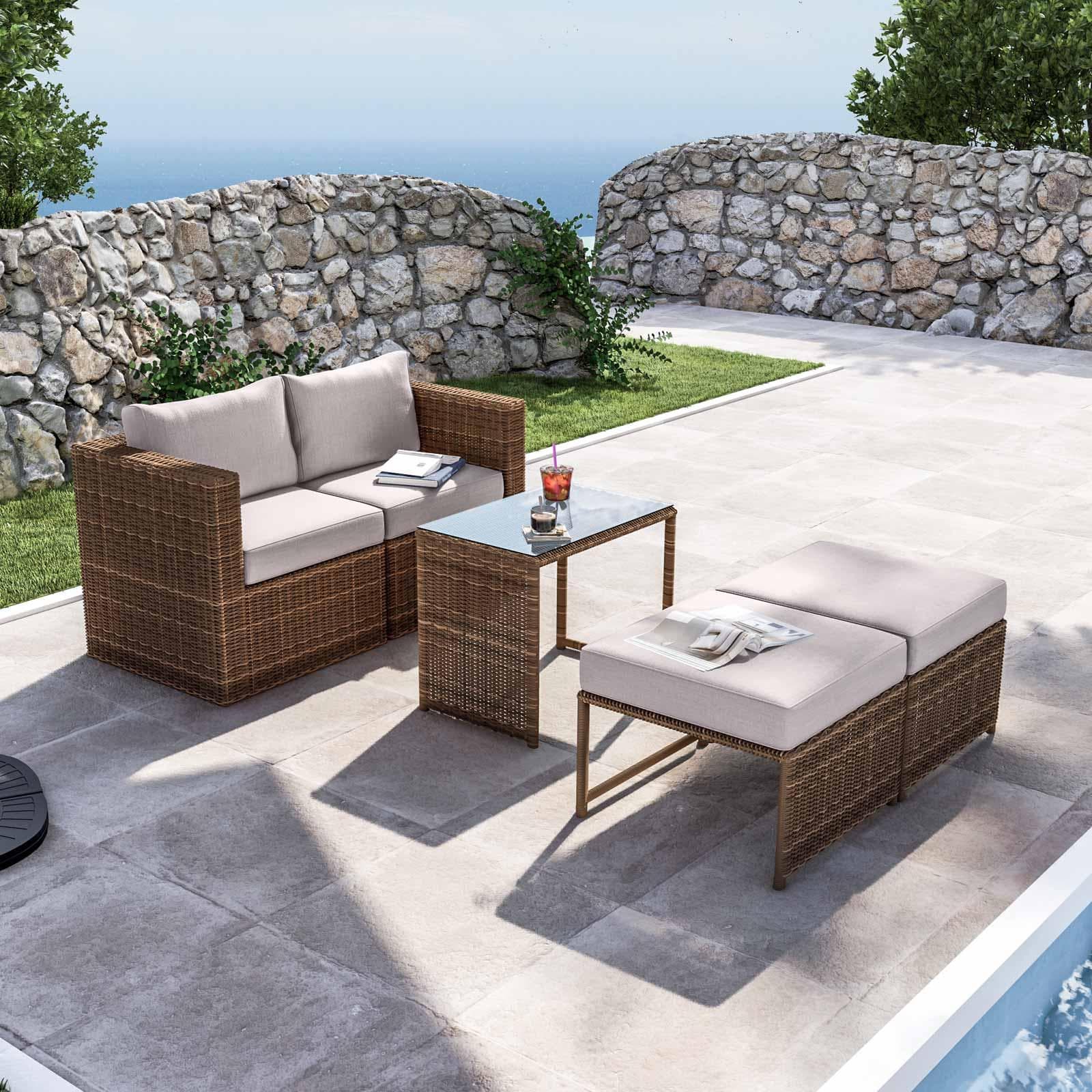 Set relax da giardino modulare con 2 divani 2 pouf e tavolino in polyrattan naturale - Tobago