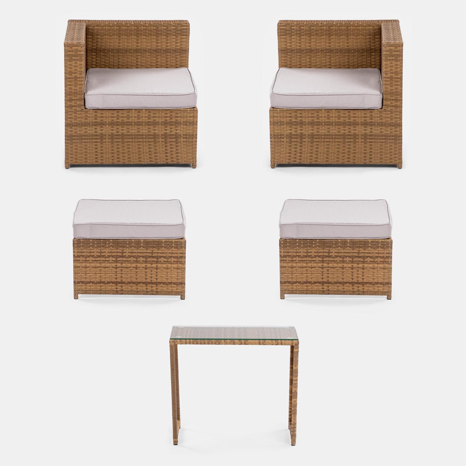 Set relax da giardino modulare con 2 divani 2 pouf e tavolino in polyrattan naturale - Tobago