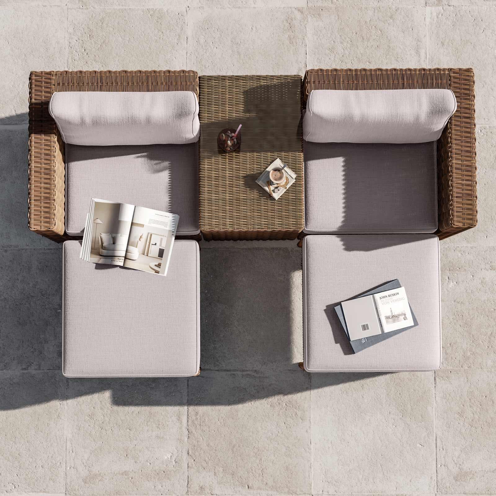Set relax da giardino modulare con 2 divani 2 pouf e tavolino in polyrattan naturale - Tobago