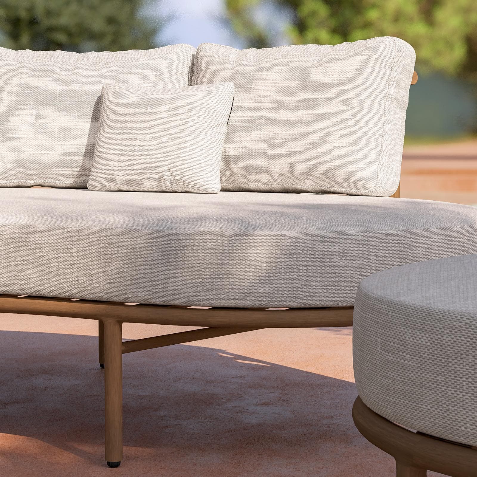 Set relax 2 poltrone divano e tavolino in alluminio effetto legno e tessuto olefin beige - Keanu
