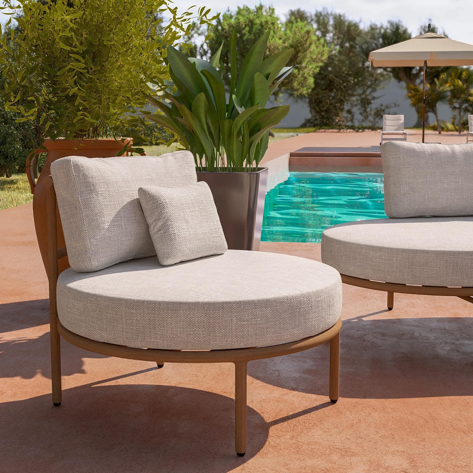 Set relax 2 poltrone divano e tavolino in alluminio effetto legno e tessuto olefin beige - Keanu