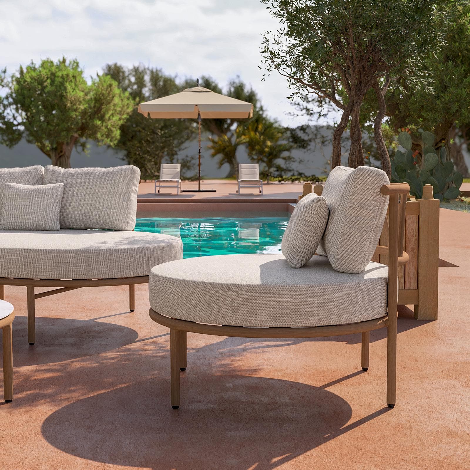 Set relax 2 poltrone divano e tavolino in alluminio effetto legno e tessuto olefin beige - Keanu