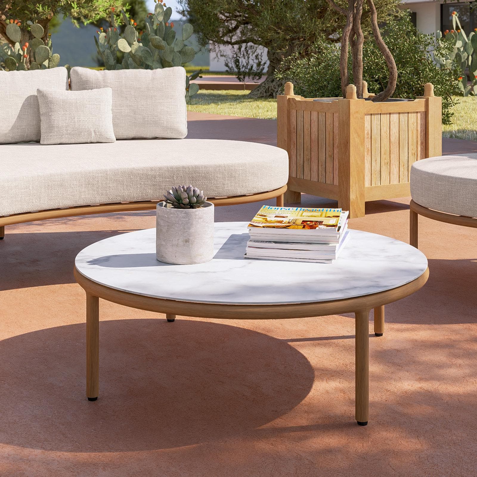 Set relax 2 poltrone divano e tavolino in alluminio effetto legno e tessuto olefin beige - Keanu