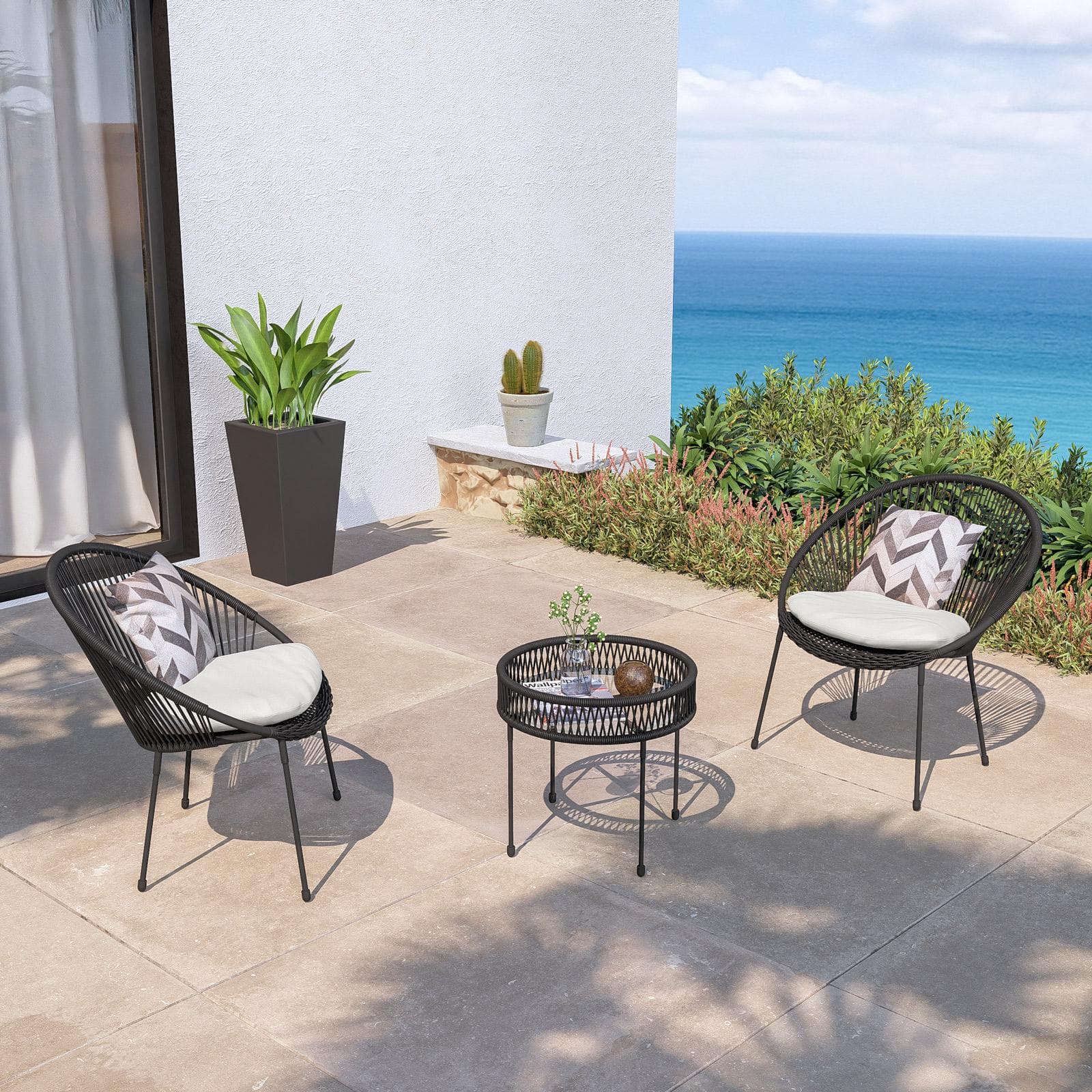 Set relax 2 poltrone e tavolino rotondo 51 cm in acciaio e corda nera - Ikapia