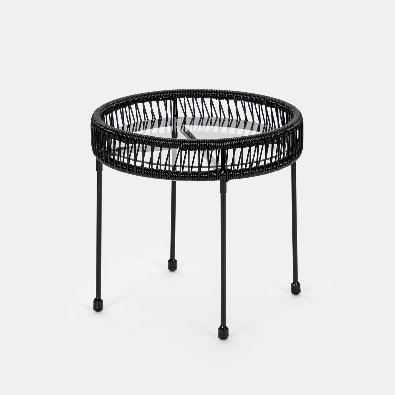 Set relax 2 poltrone e tavolino rotondo 51 cm in acciaio e corda nera - Ikapia