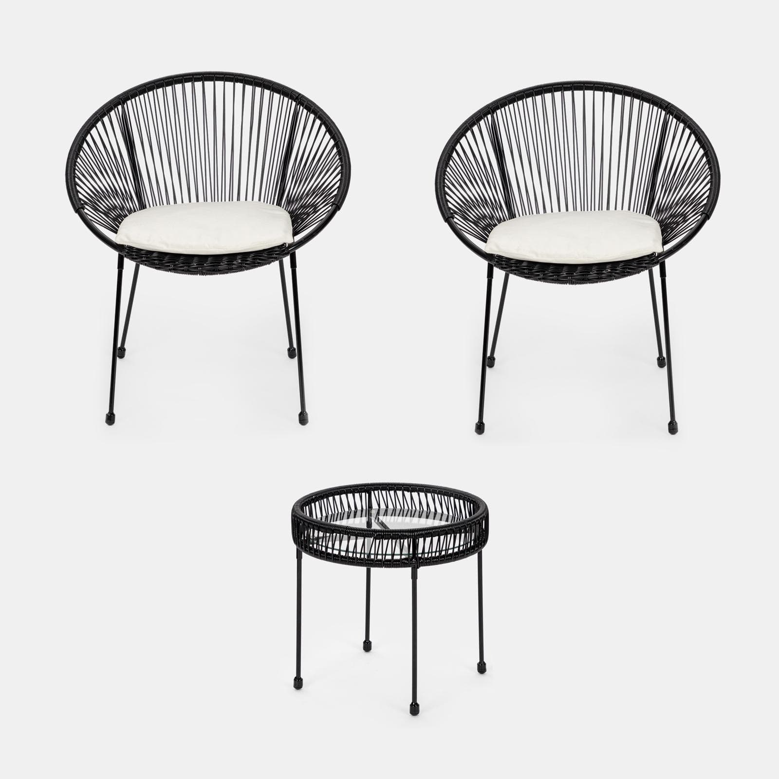 Set relax 2 poltrone e tavolino rotondo 51 cm in acciaio e corda nera - Ikapia