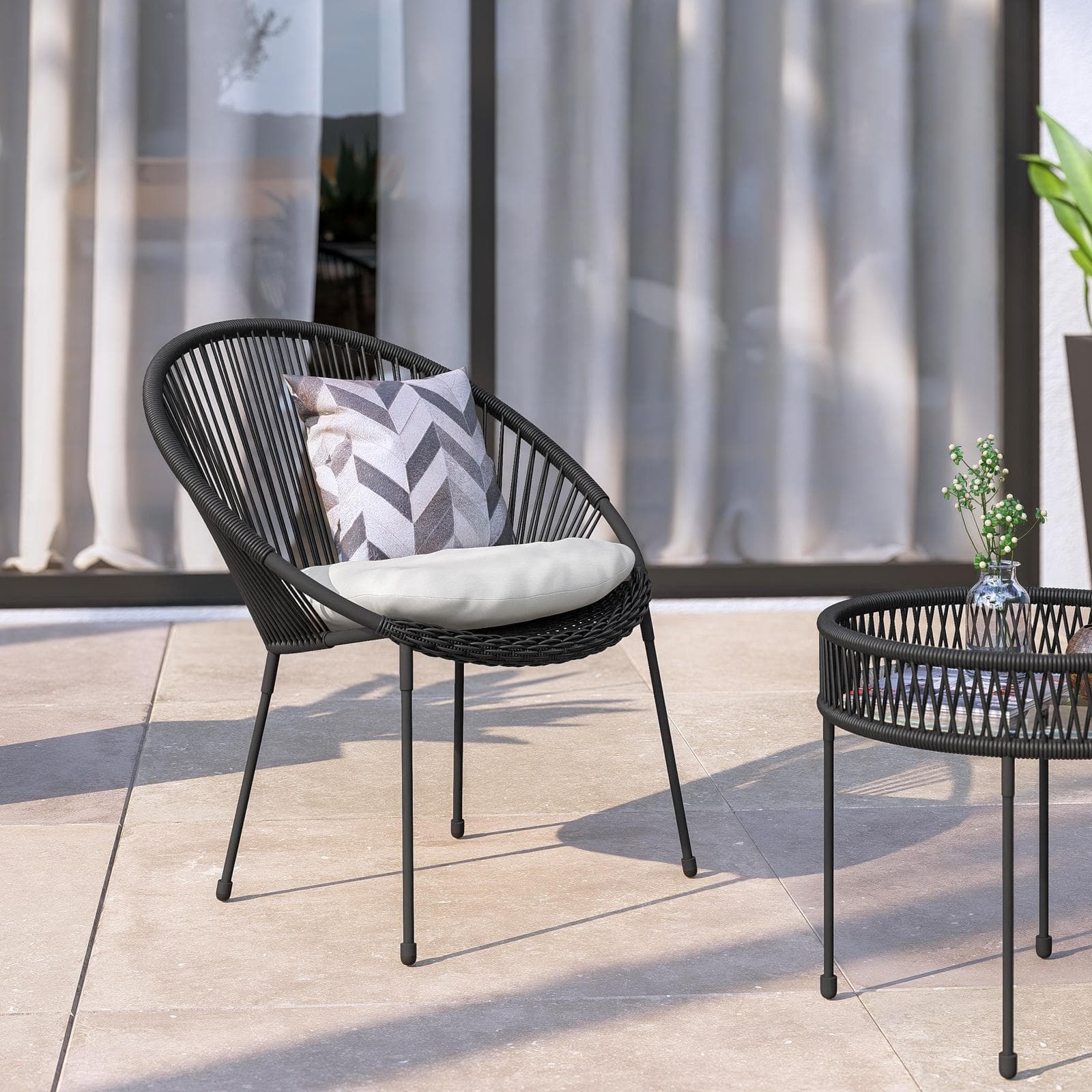 Set relax 2 poltrone e tavolino rotondo 51 cm in acciaio e corda nera - Ikapia