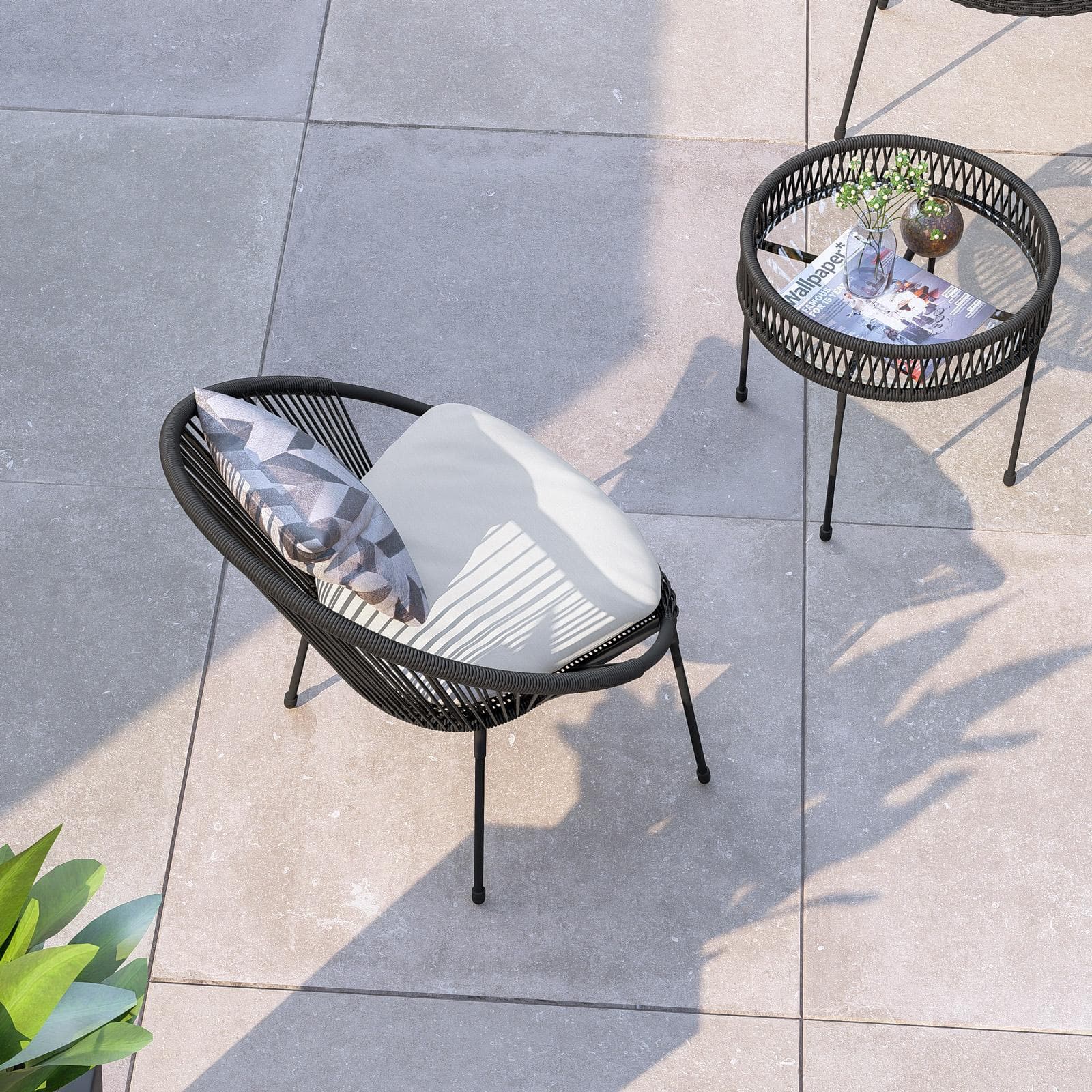 Set relax 2 poltrone e tavolino rotondo 51 cm in acciaio e corda nera - Ikapia
