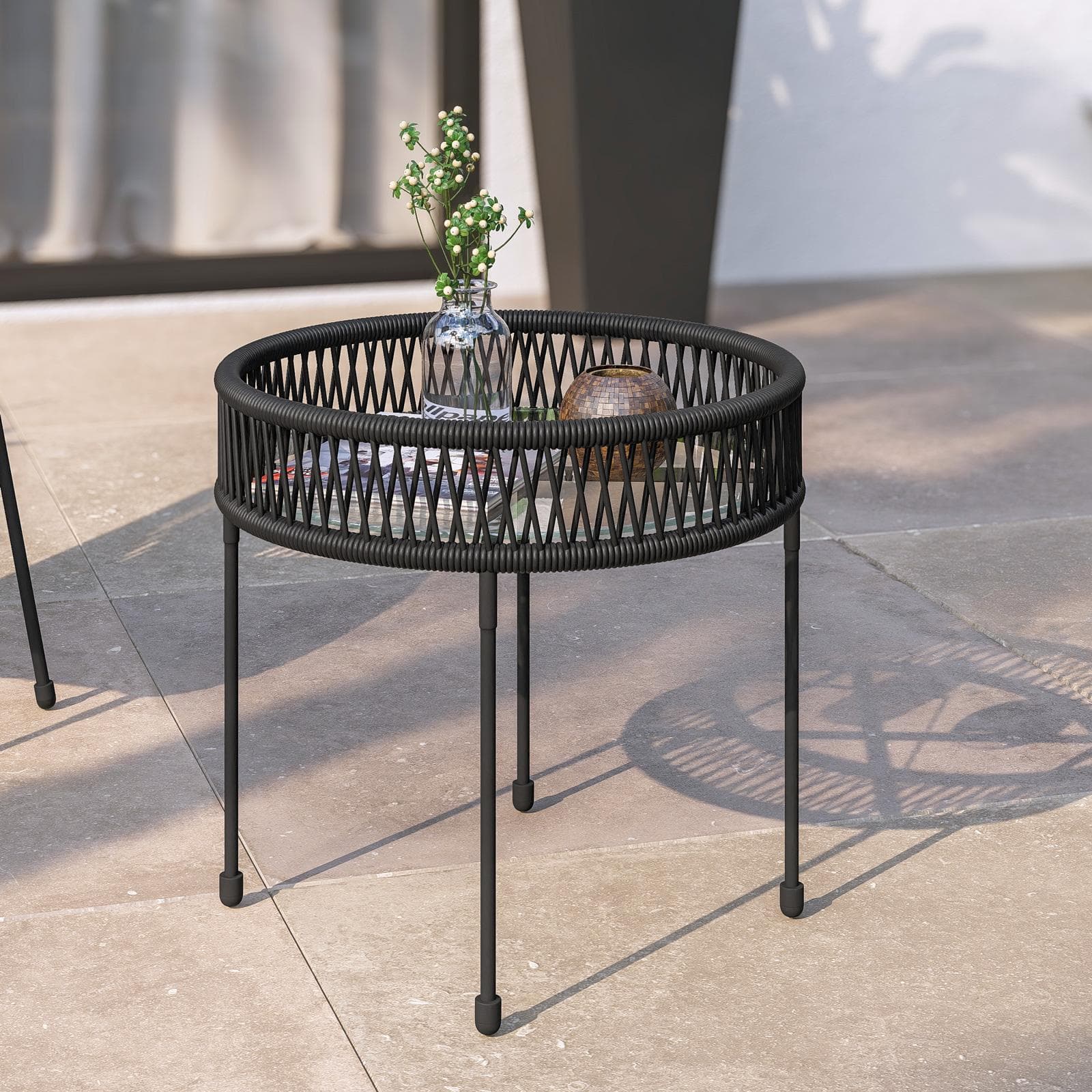 Set relax 2 poltrone e tavolino rotondo 51 cm in acciaio e corda nera - Ikapia