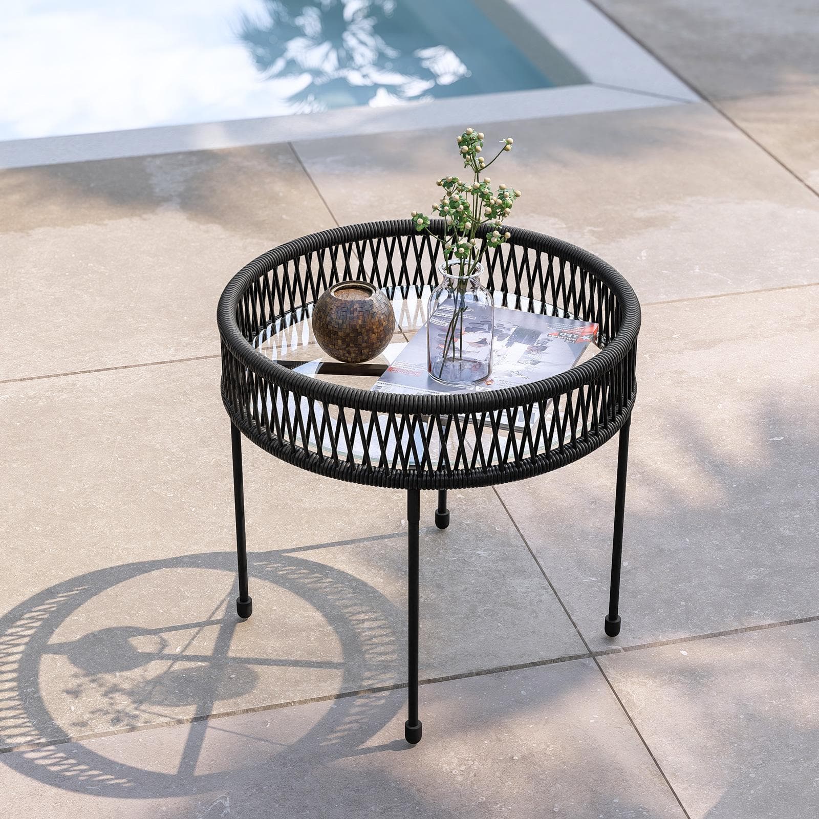 Set relax 2 poltrone e tavolino rotondo 51 cm in acciaio e corda nera - Ikapia