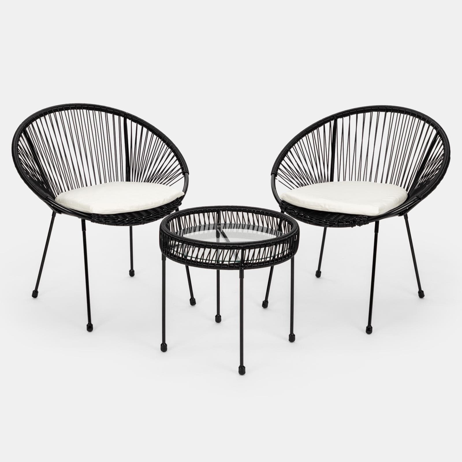 Set relax 2 poltrone e tavolino rotondo 51 cm in acciaio e corda nera - Ikapia