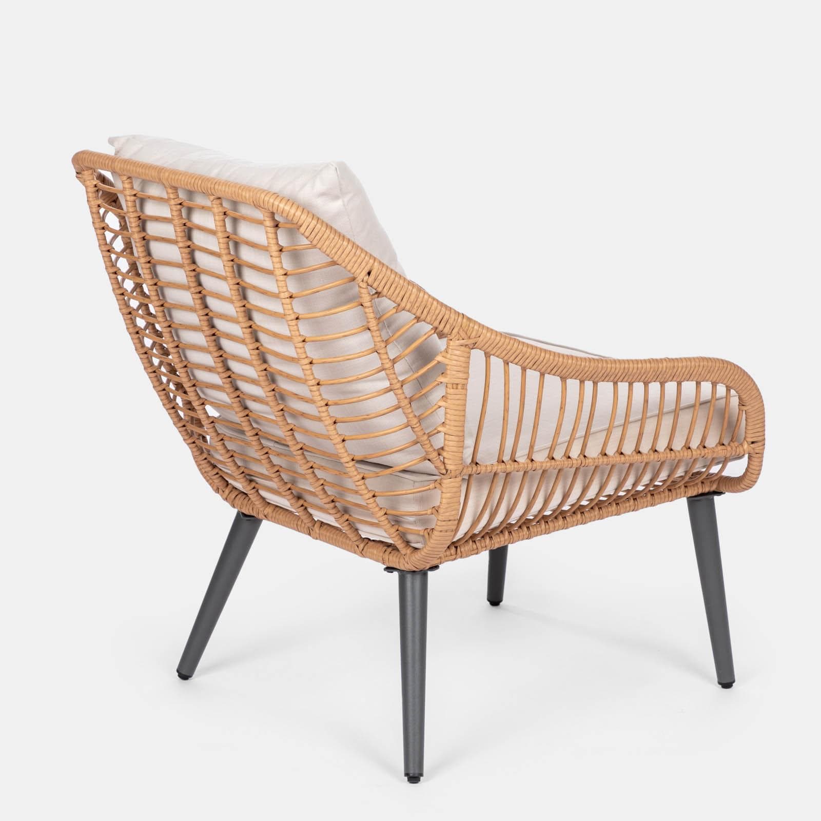 Set relax 2 poltrone in polyrattan naturale e tavolino con piano in vetro diametro 60 cm - Benny