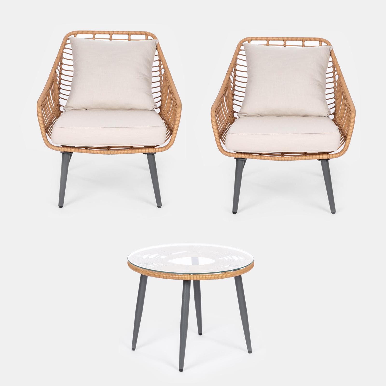Set relax 2 poltrone in polyrattan naturale e tavolino con piano in vetro diametro 60 cm - Benny