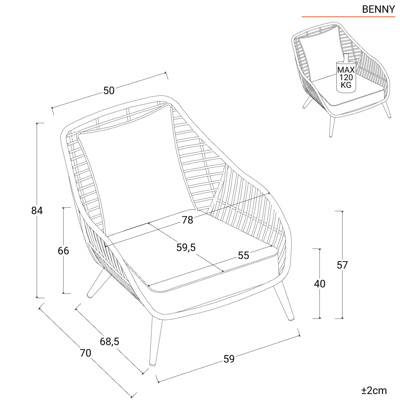 Set relax 2 poltrone in polyrattan naturale e tavolino con piano in vetro diametro 60 cm - Benny