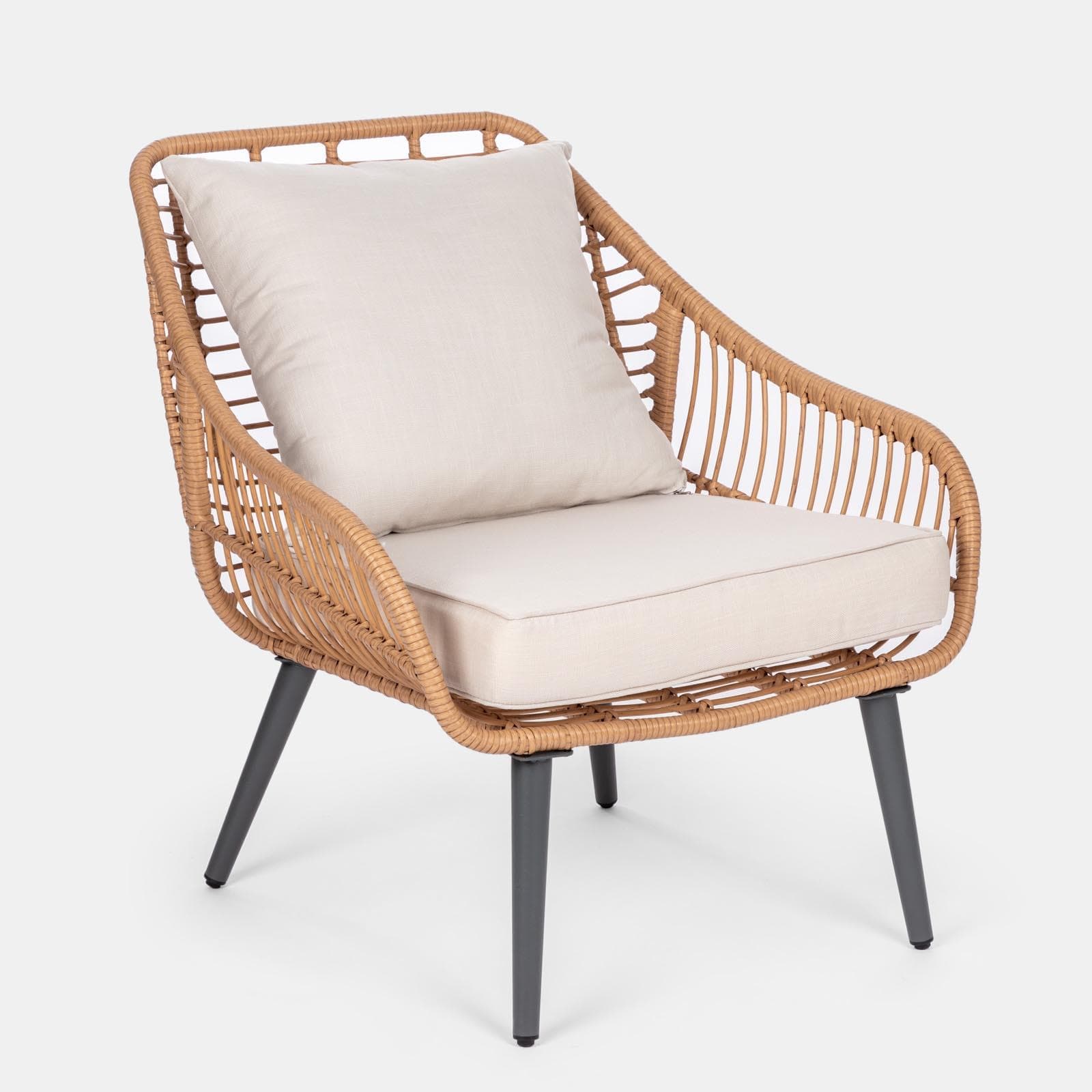 Set relax 2 poltrone in polyrattan naturale e tavolino con piano in vetro diametro 60 cm - Benny