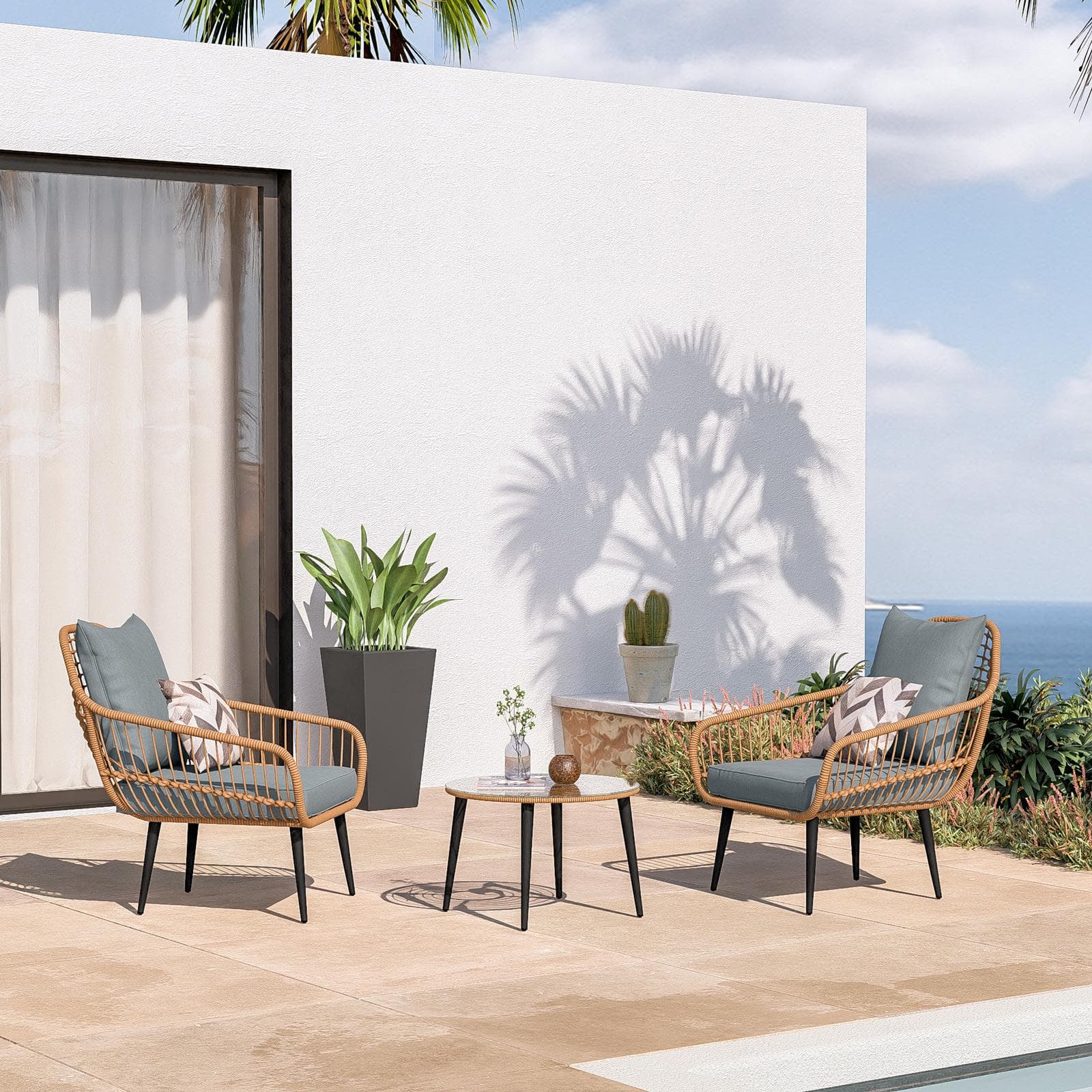 BENNY SET RELAX POLYRATTAN NATURALE C/ TAVOLINO CUSCINI GRIGIO SCURO