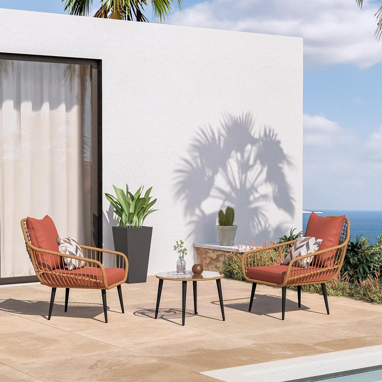 BENNY SET RELAX POLYRATTAN NATURALE C/ TAVOLINO CUSCINI TERRACOTTA