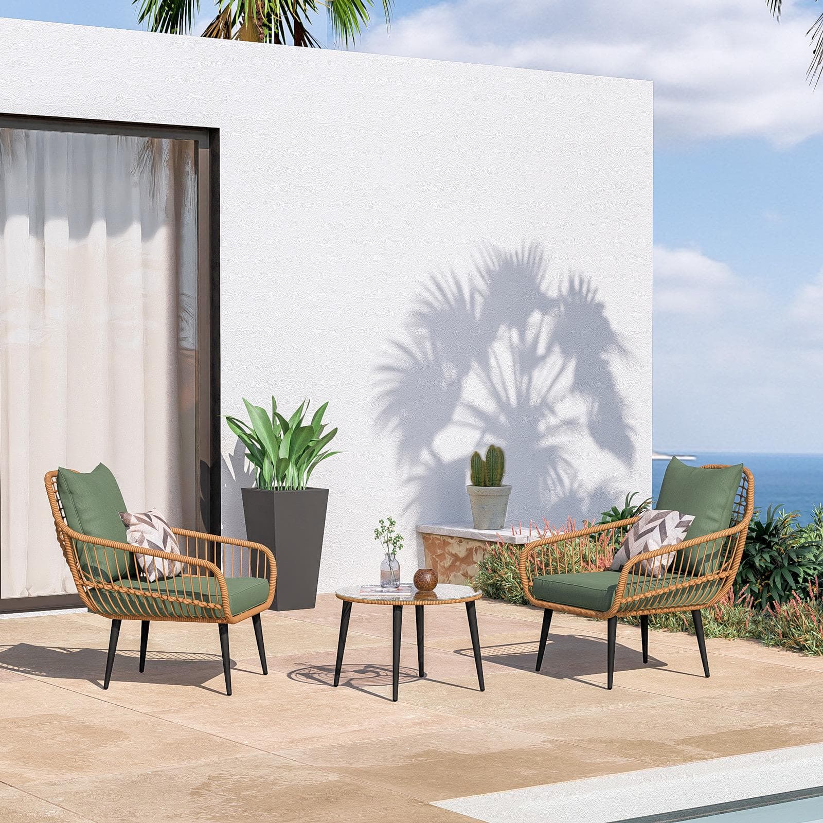 BENNY SET RELAX POLYRATTAN NATURALE C/ TAVOLINO CUSCINI VERDE OLIVA