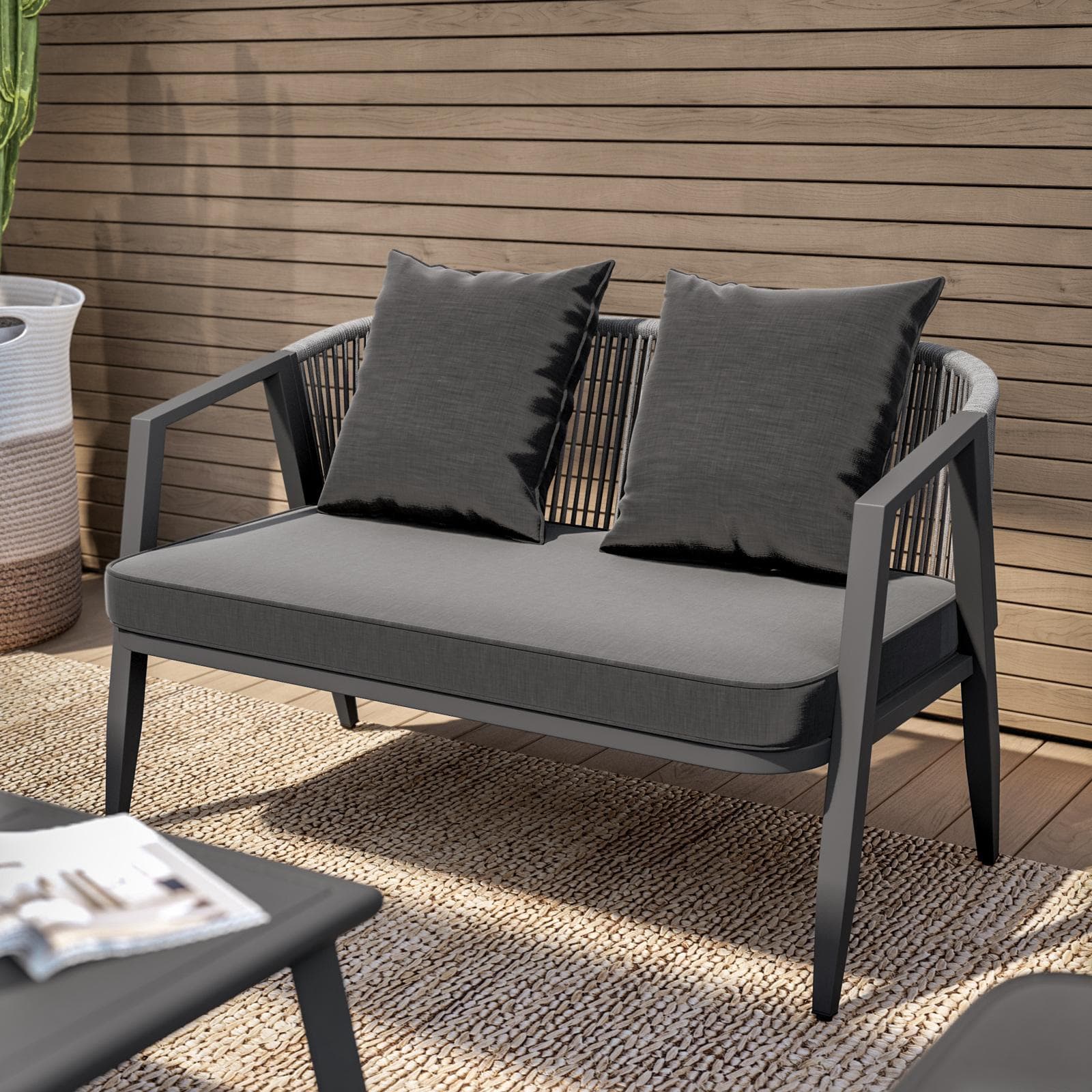 Set relax 4 posti antracite rivestito in corda con cuscini e tavolino - Bonaire