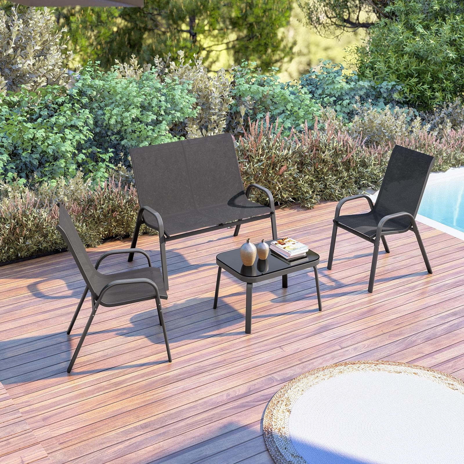 Set relax 4 posti con tavolino in acciaio e textilene antracite - Ninfa