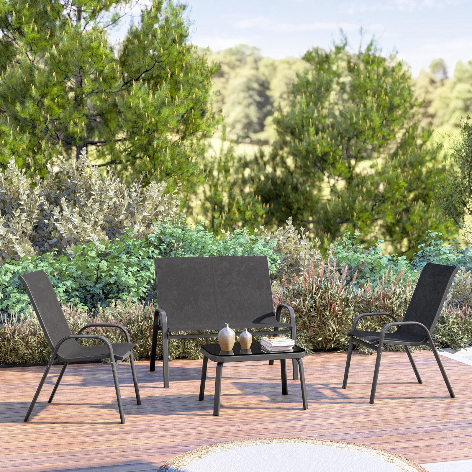 Set relax 4 posti con tavolino in acciaio e textilene antracite - Ninfa