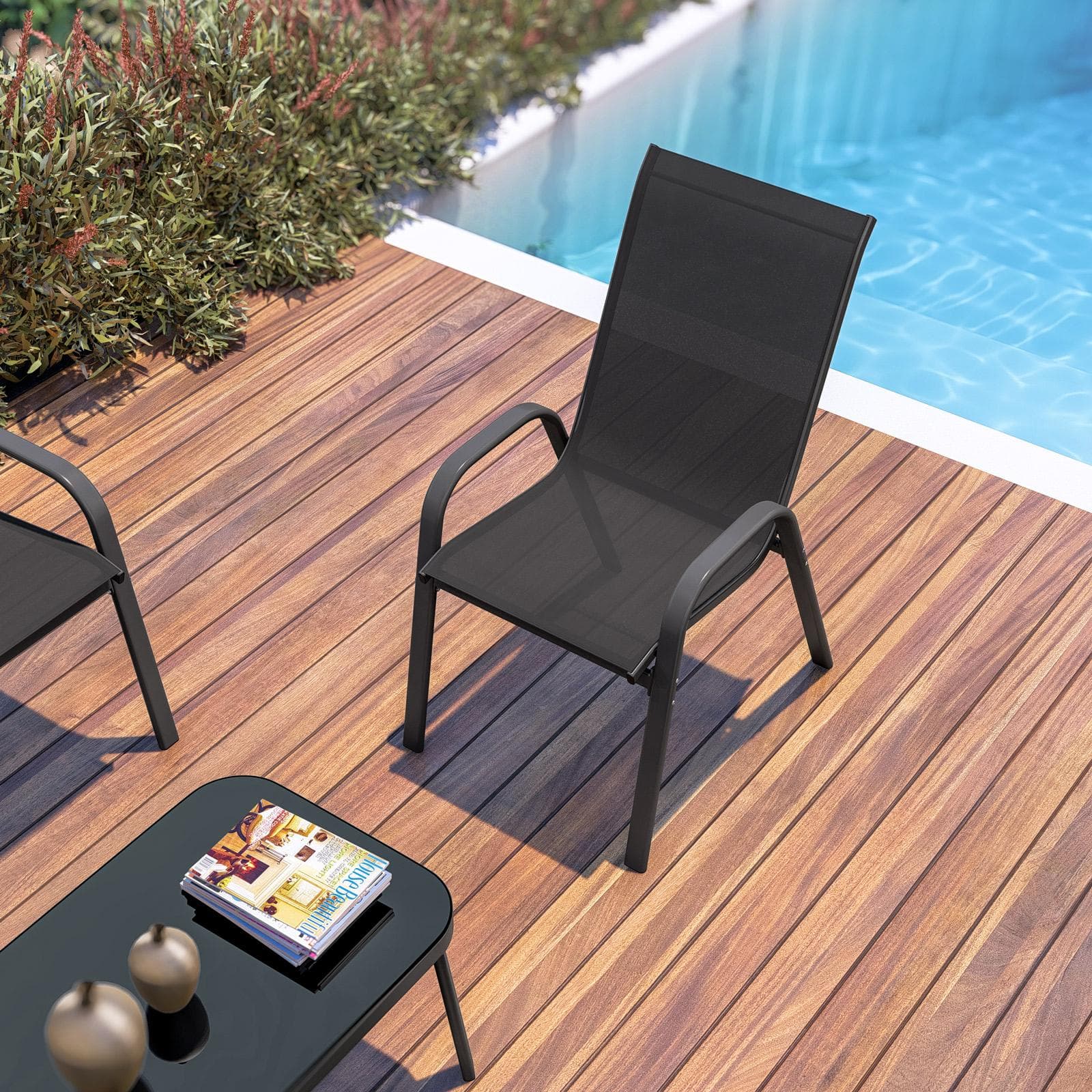 Set relax 4 posti con tavolino in acciaio e textilene antracite - Ninfa