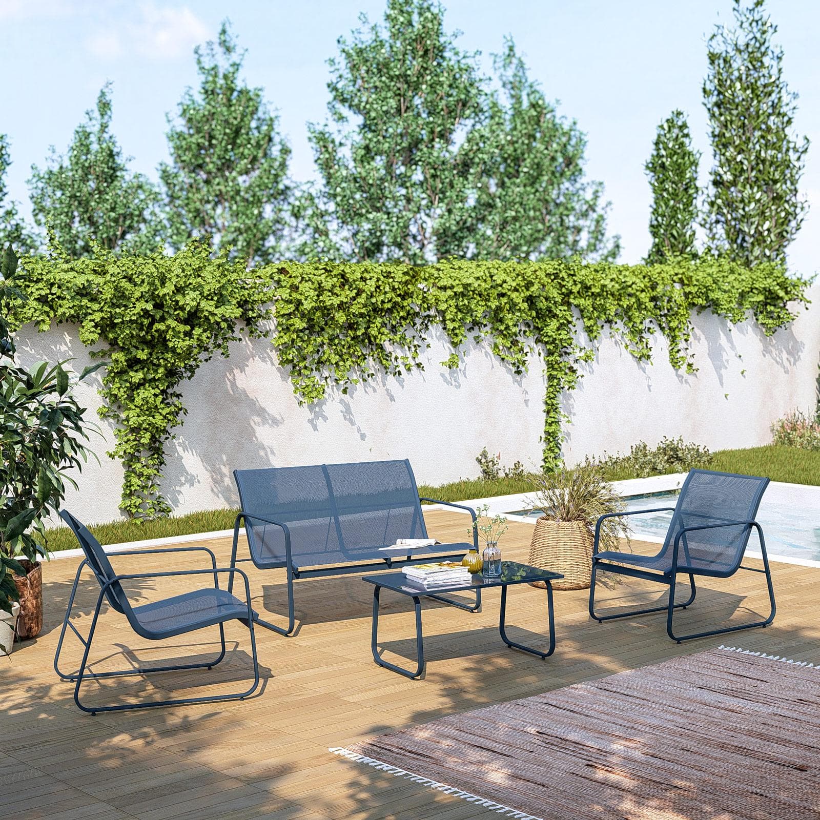 FELLINI SET RELAX 4 POSTI ACCIAIO BLU C/ TEXTILENE BLU