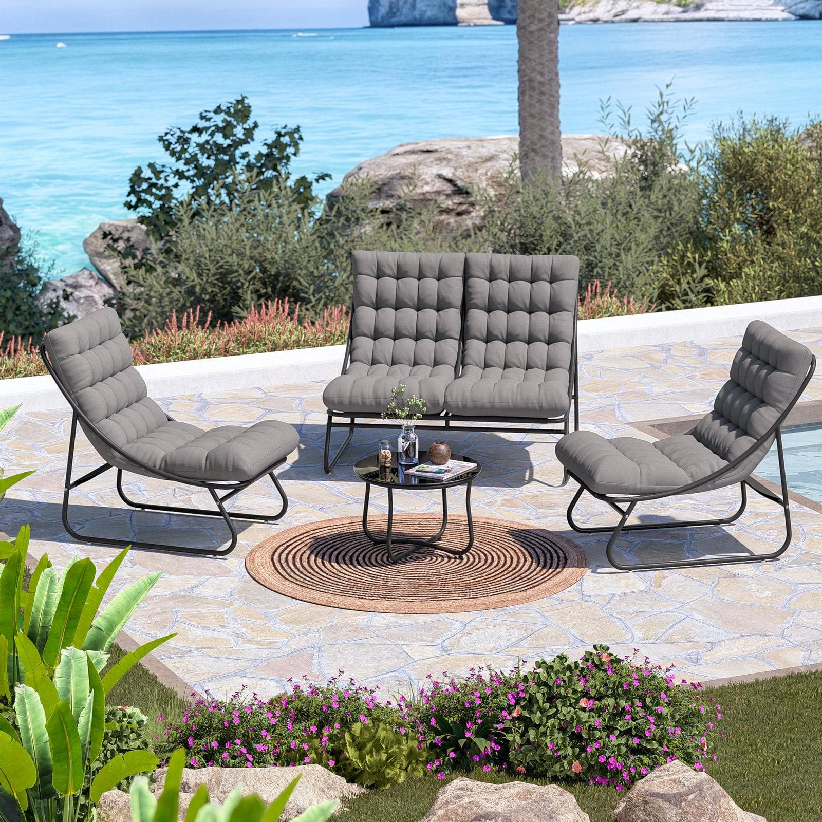 SANTACRUZ SET RELAX 4 POSTI ACCIAIO ANTRACITE C/ CUSCINO GRIGIO SCURO