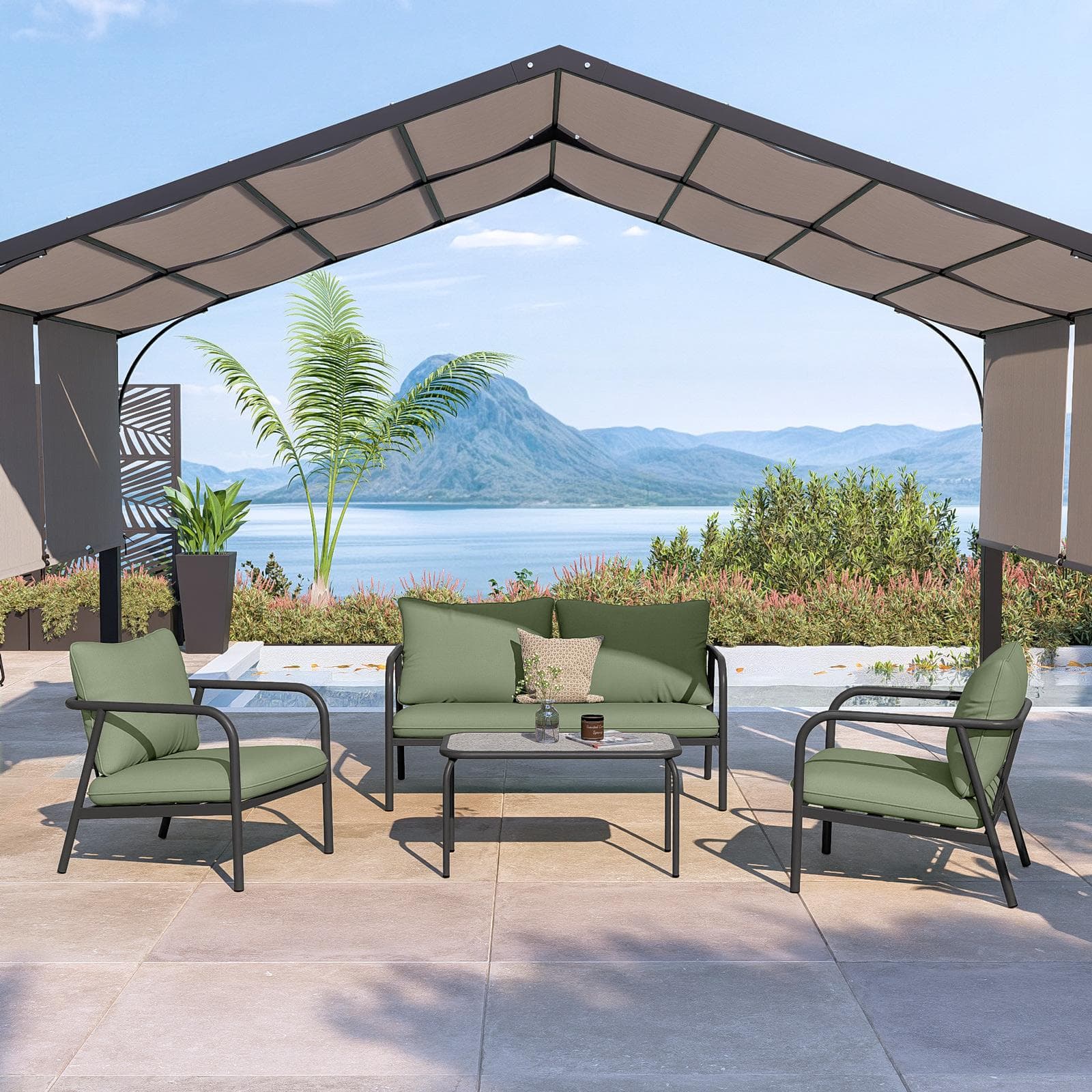 Set relax 4 posti in acciaio verde scuro e cuscini imbottiti beige - Crey