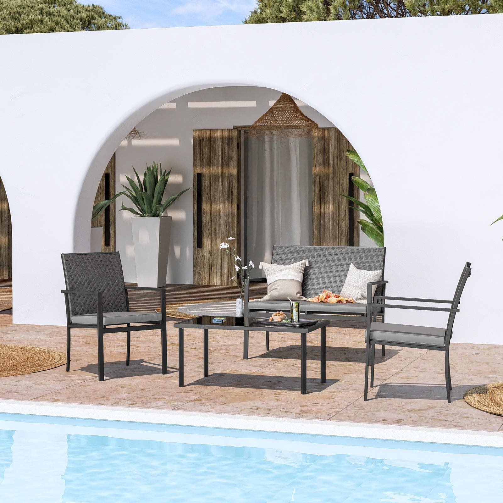 BORAKAY SET RELAX ACCIAIO ANTRACITE POLYRATTAN GRIGIO SCURO C/ CUSCINI GRIGIO