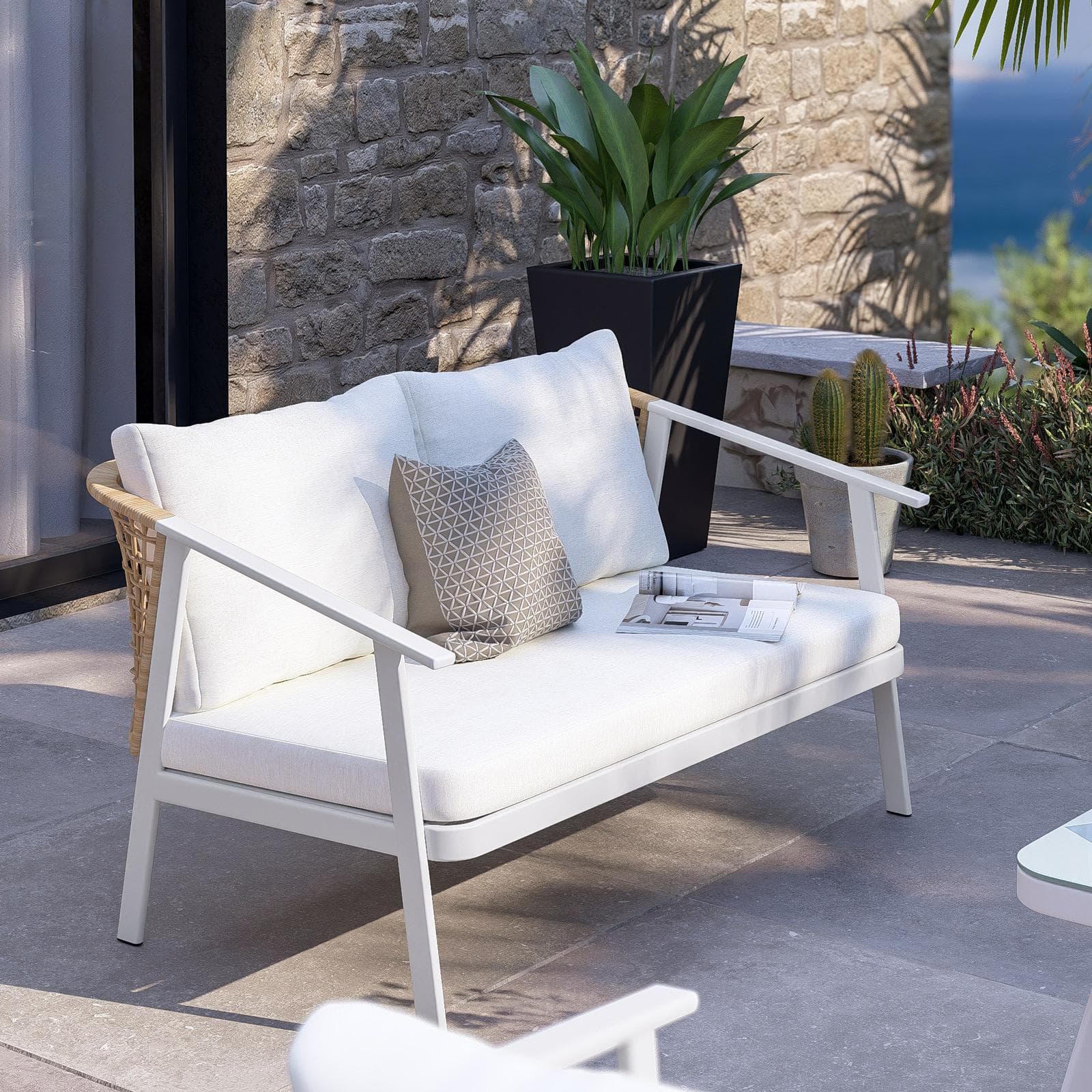 Set relax 4 posti in acciaio bianco con schienale in polyrattan naturale e cuscini - Niclim