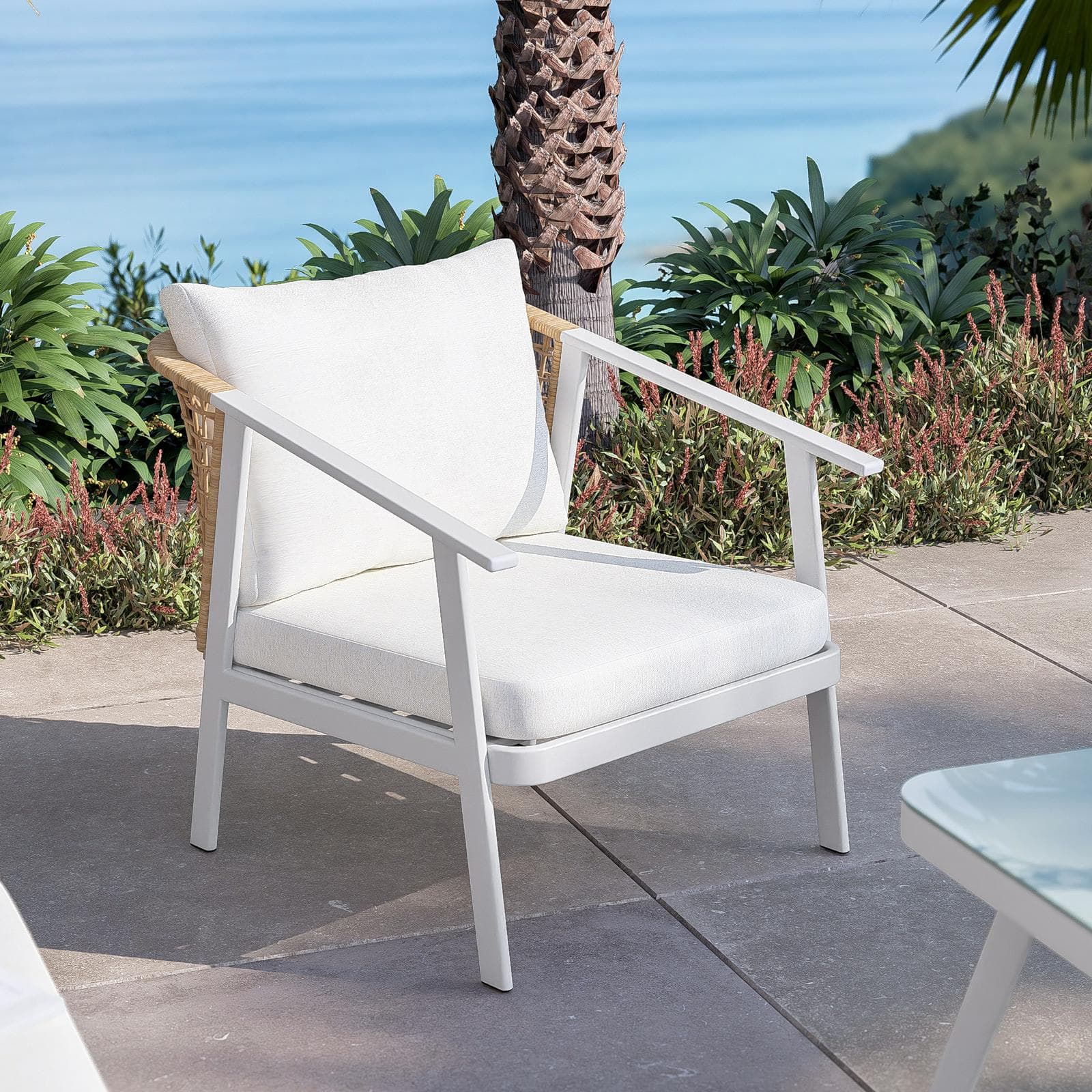 Set relax 4 posti in acciaio bianco con schienale in polyrattan naturale e cuscini - Niclim