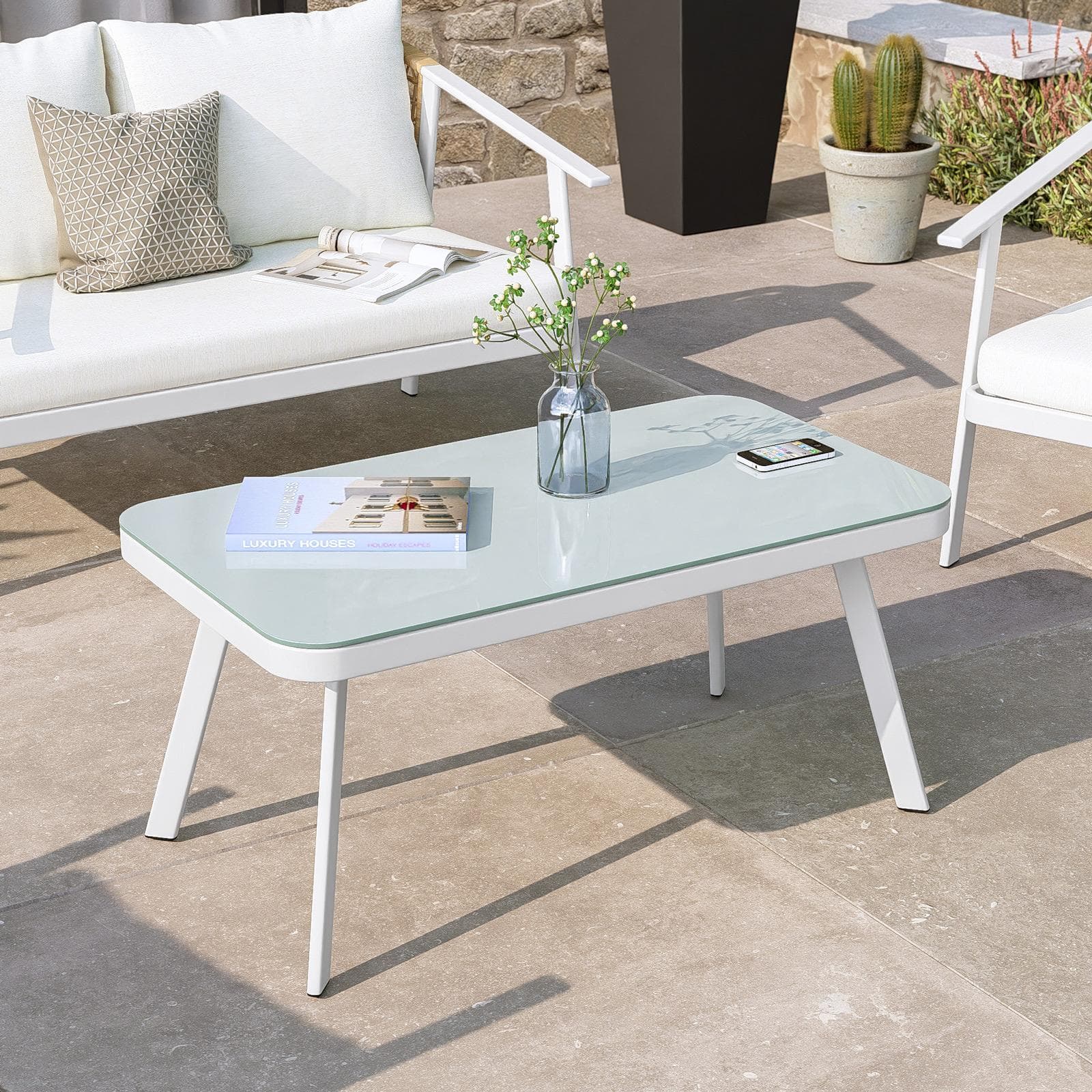 Set relax 4 posti in acciaio bianco con schienale in polyrattan naturale e cuscini - Niclim