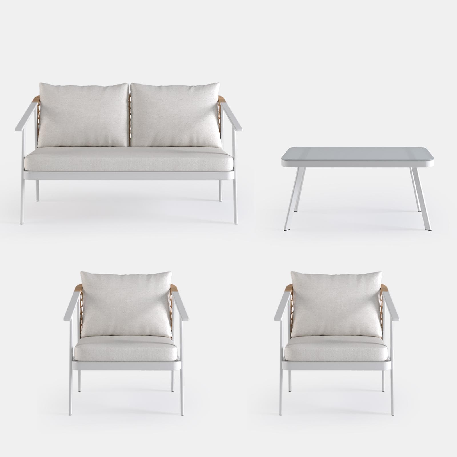 Set relax 4 posti in acciaio bianco con schienale in polyrattan naturale e cuscini - Niclim