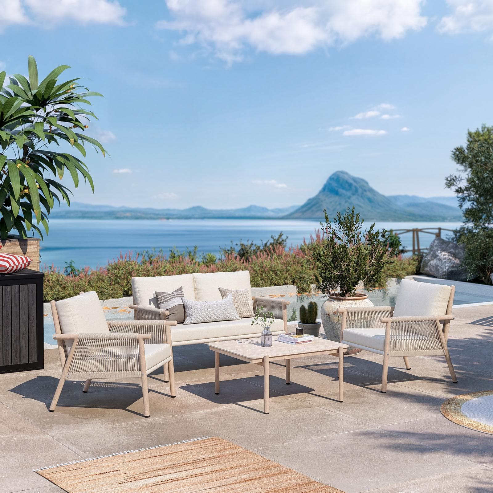 LAWSON SET RELAX ACCIAIO EFFETTO LEGNO C/ CORDA NATURALE E CUSCINO BEIGE