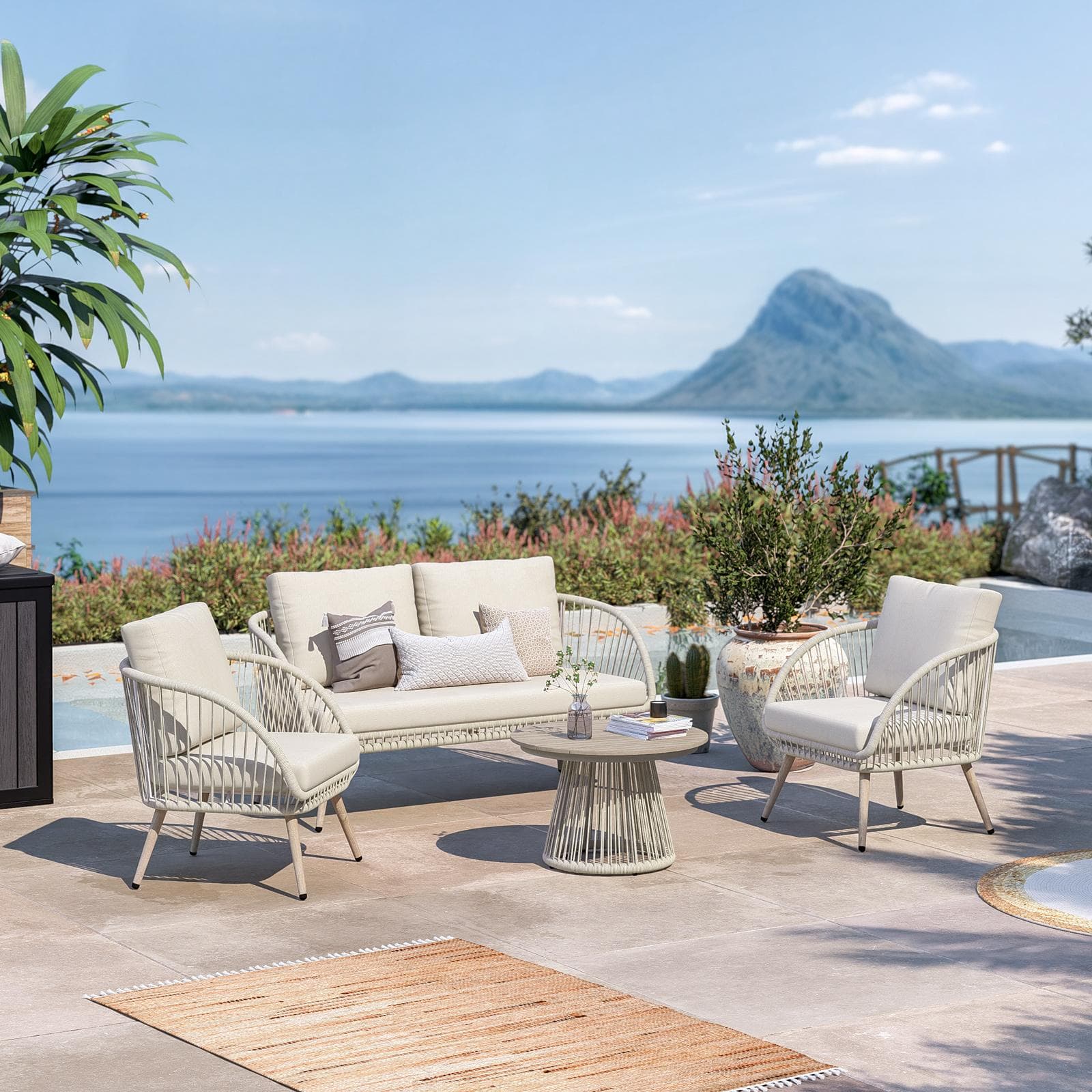 ZACK SET RELAX 4 POSTI ACCIAIO EFFETTO LEGNO C/ POLYRATTAN NATURALE E CUSCINO BEIGE