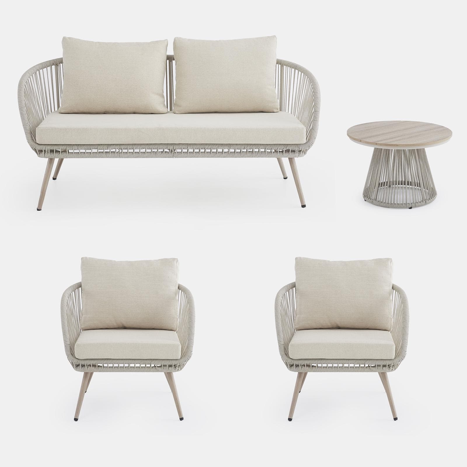 ZACK SET RELAX 4 POSTI ACCIAIO EFFETTO LEGNO C/ POLYRATTAN NATURALE E CUSCINO BEIGE