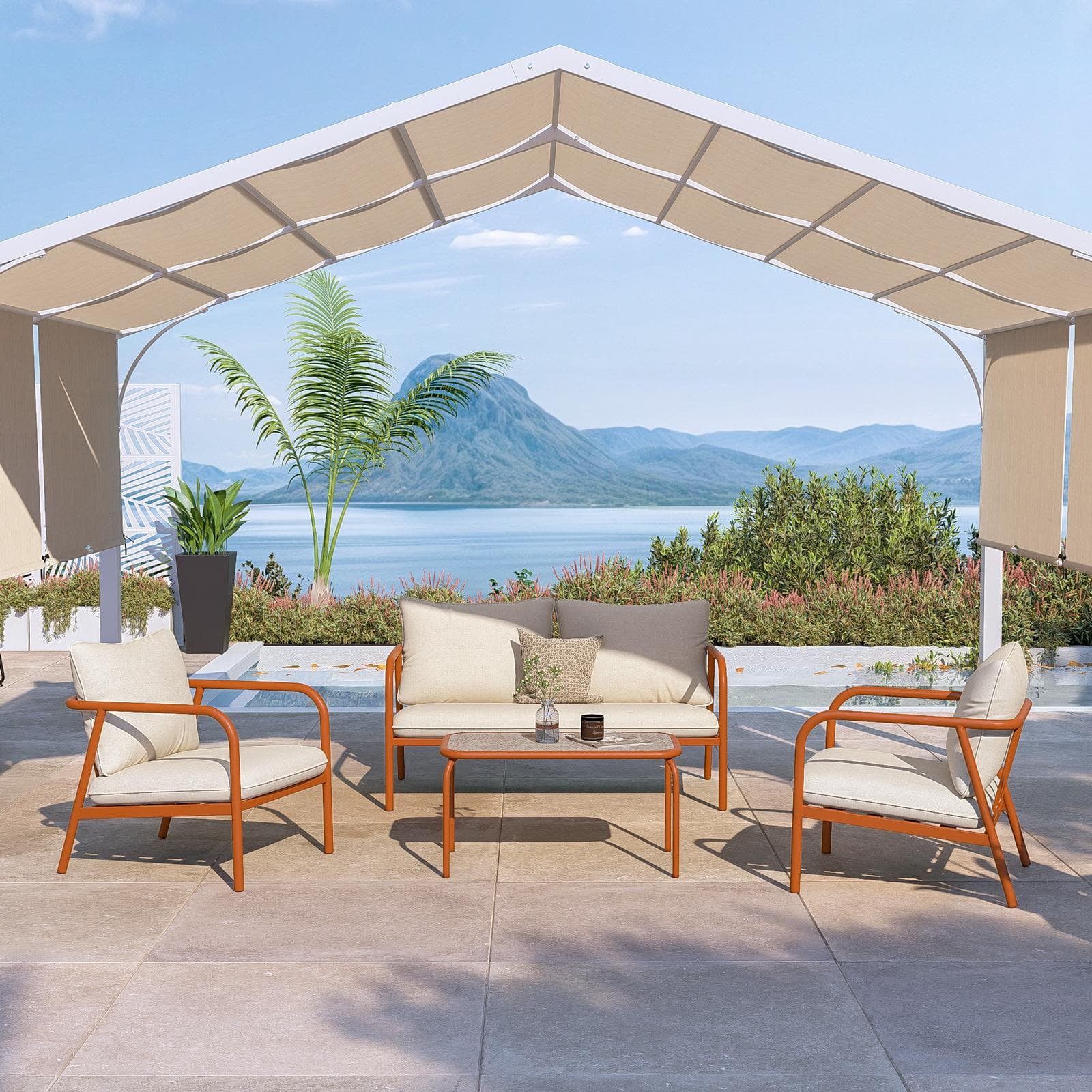 CREY SET RELAX 4 POSTI ACCIAIO TERRACOTTA C/ CUSCINO BEIGE