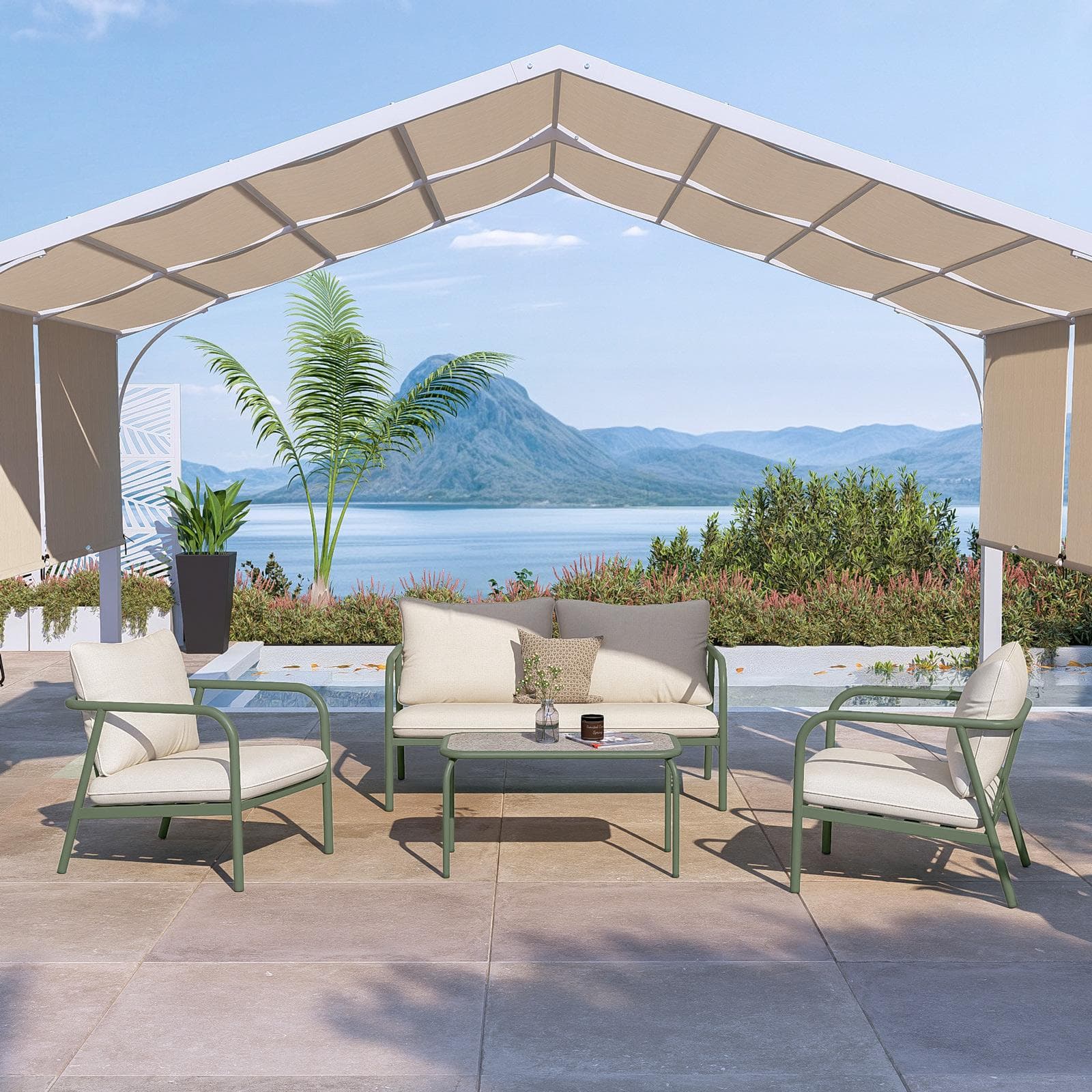 Set relax 4 posti in acciaio verde scuro e cuscini imbottiti beige - Crey