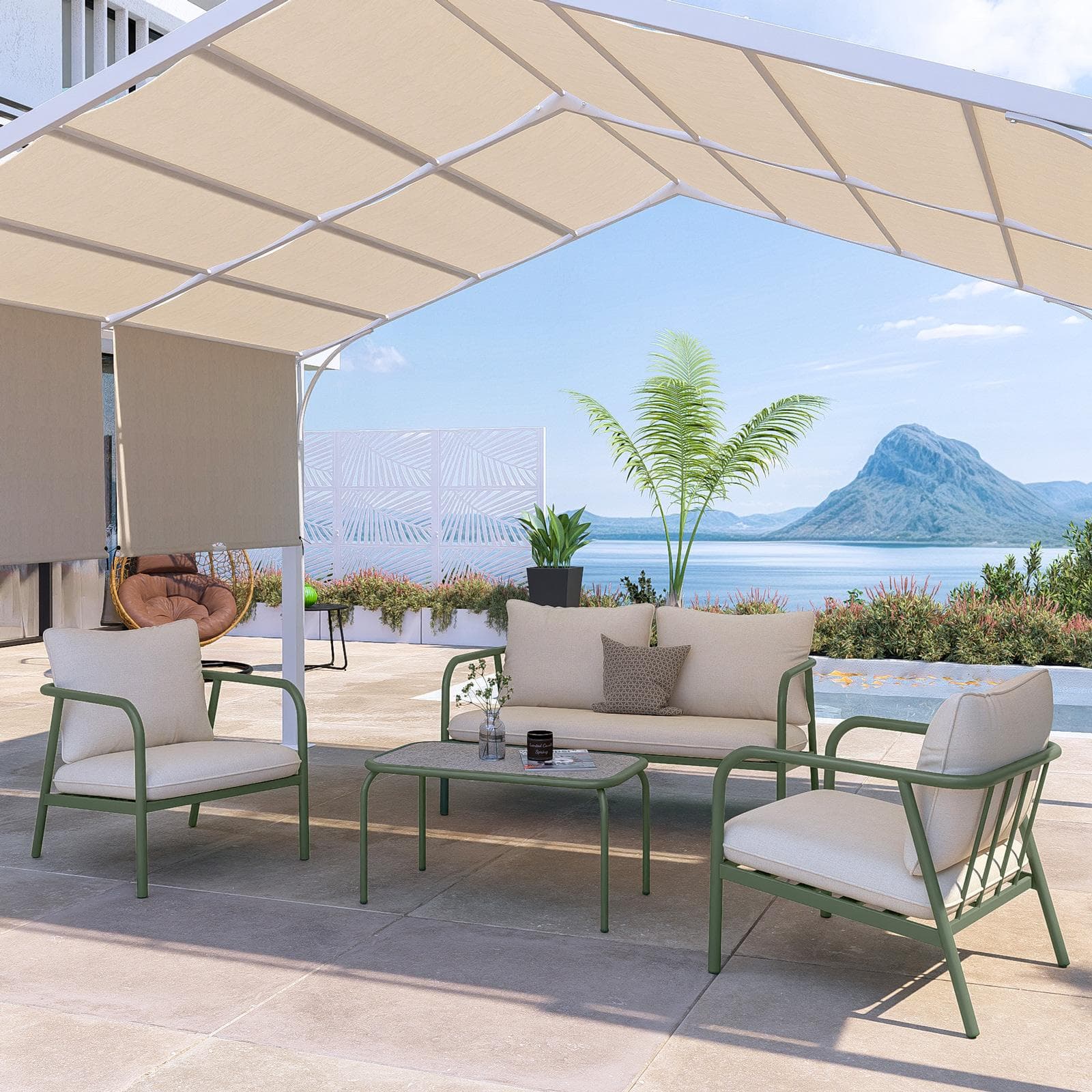 Set relax 4 posti in acciaio verde scuro e cuscini imbottiti beige - Crey