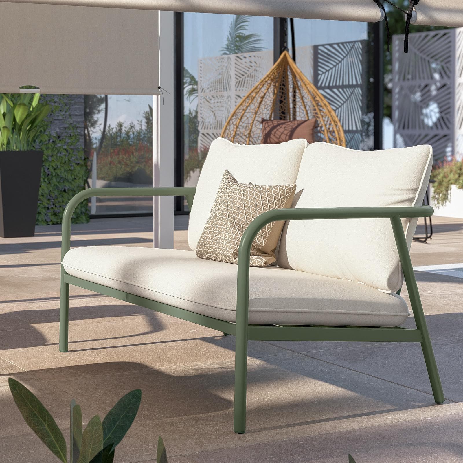 Set relax 4 posti in acciaio verde scuro e cuscini imbottiti beige - Crey
