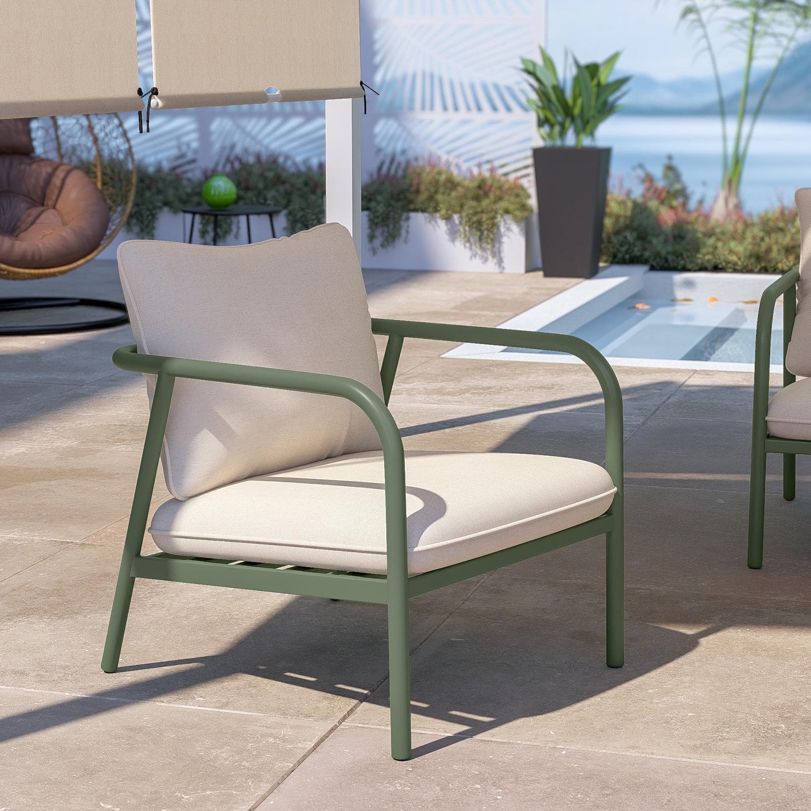Set relax 4 posti in acciaio verde scuro e cuscini imbottiti beige - Crey