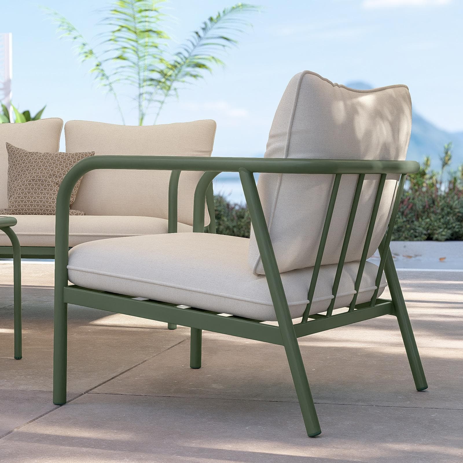 Set relax 4 posti in acciaio verde scuro e cuscini imbottiti beige - Crey