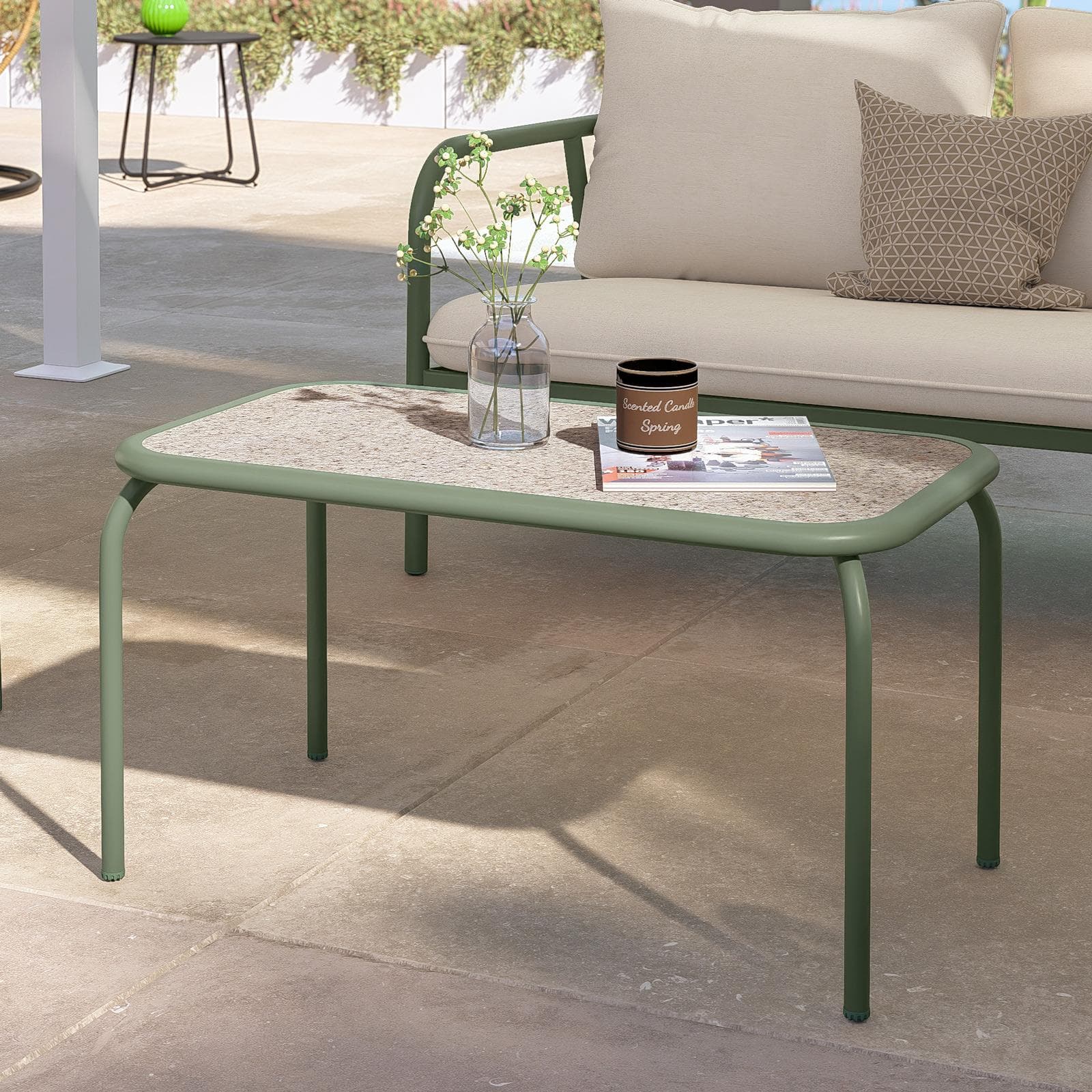 Set relax 4 posti in acciaio verde scuro e cuscini imbottiti beige - Crey